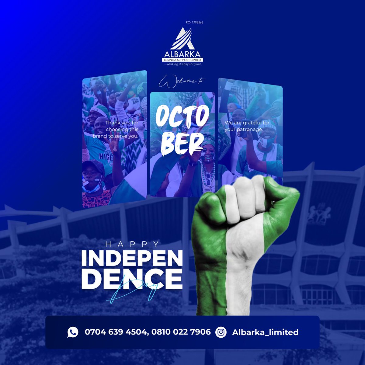 AlbarkaLtd's tweet photo. Happy Independence Day and Happy New Month!

On this special occasion of Nigeria’s Independence Day, Albarka Business Support Limited celebrates with you! As we embark on a new month, we are grateful for your continued trust and partnership. https://t.co/PPI77cvBet