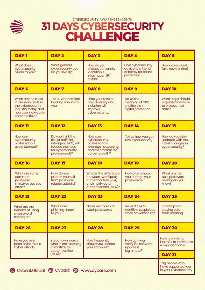 ireteeh's tweet image. I am leading a 31 days Cybersecurity Challenge this month. 

To participate in this challenge 👇🏾

Engage my daily post.

Answer the question on the flyer on your timeline. Tag @CybarikGlobal 

Share the knowledge for that day with at least two people who don’t know about…