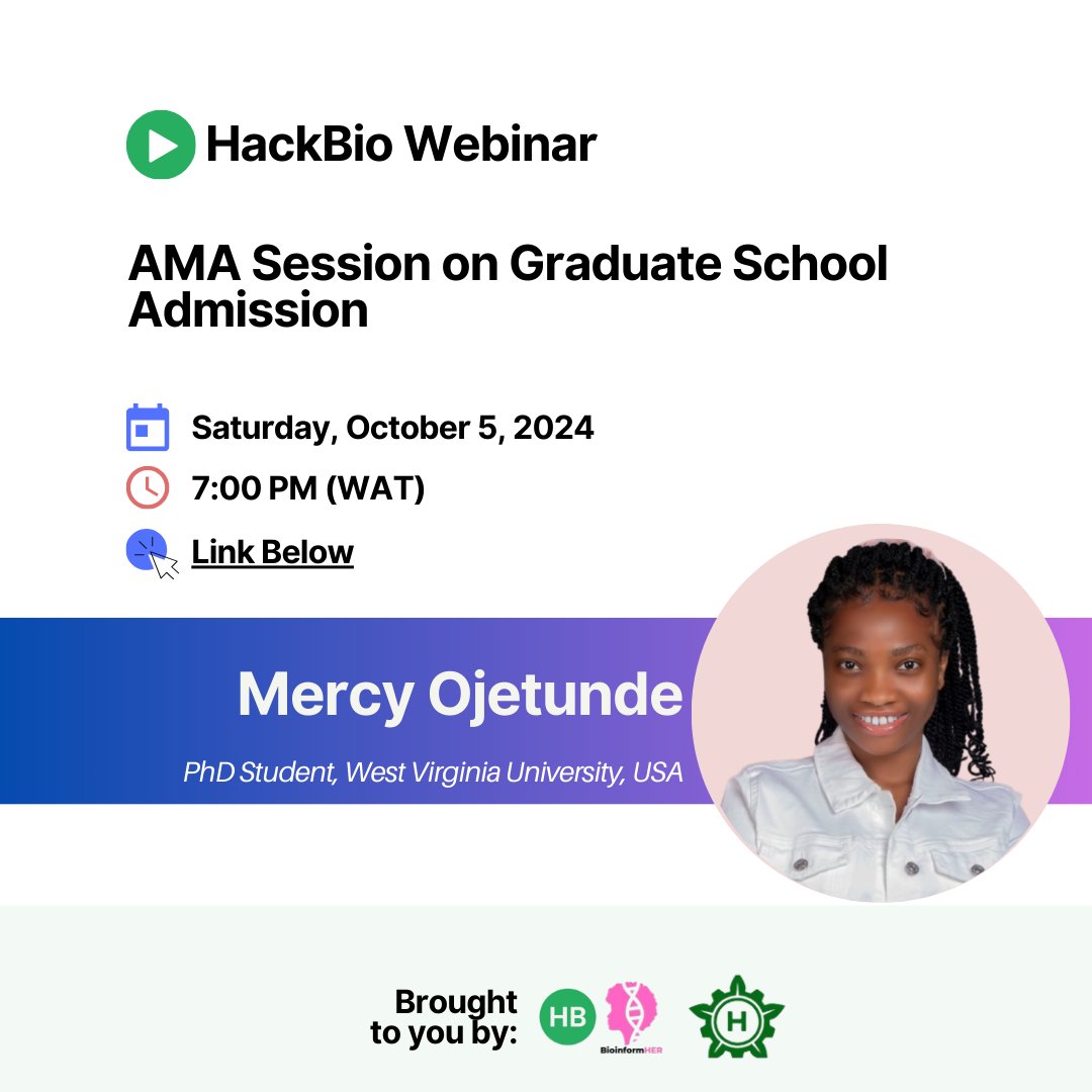 🎓 Got questions about graduate school admissions? Join our AMA with Mercy Ojetunde to get the answers you need!

📅 Sat. Oct. 5
⏰ 19:00 WAT/23:30 IST/14:00EST

Ask your questions &amp; get expert answers on applications, interviews, and more!

Register now: forms.gle/24sCkFBV1CYfp1…