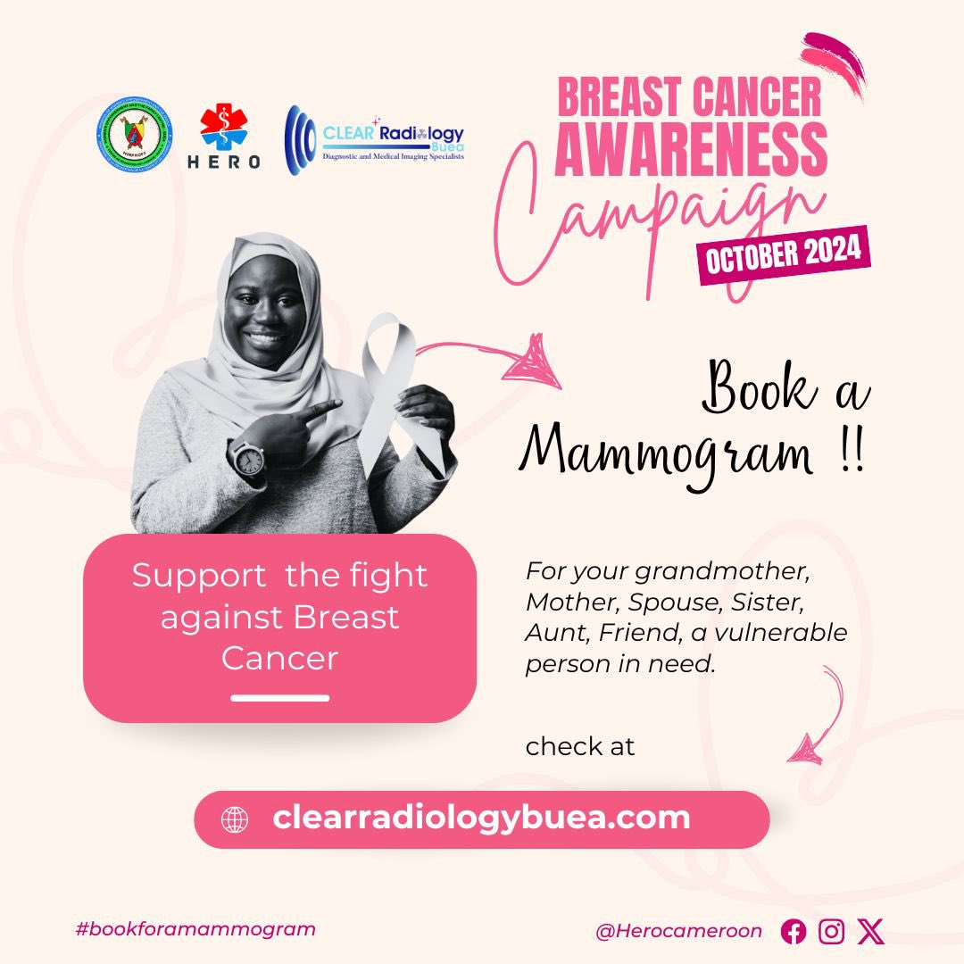 Book a Mammogram!!!

#PinkOctober
#EarlyDetectionSavesLife
#TimeForMammogram
#HEROCameroon
#CLEARRadiology