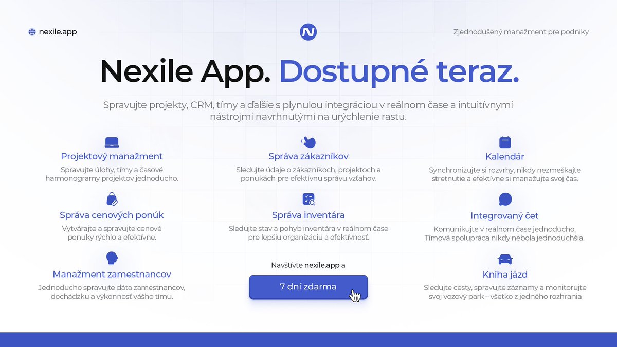 nexileapp's tweet photo. 🎉 Nexile App, dostupné teraz!
Spravujte projekty, CRM, tímy a ďalšie na jednom mieste. Plynulé integrácie, spolupráca v reálnom čase a nástroje navrhnuté na podporu rastu vášho biznisu.

🔗 Vyskúšajte na 7 dní zdarma na https://t.co/jvMd4QCa76!
#NexileApp #SaaS #crm #erp #sk https://t.co/cW2YvEOzJs