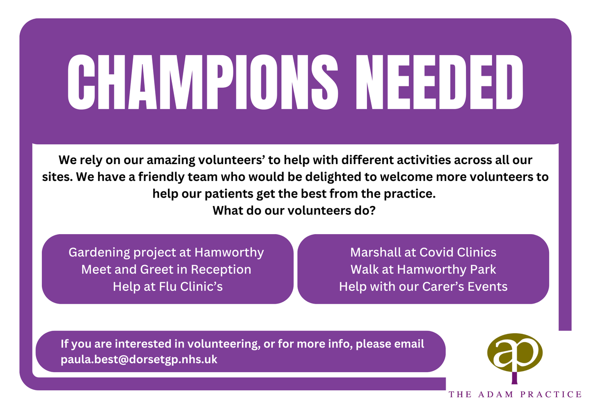 The Adam Practice (@theadampractice) on Twitter photo Our Champions help in many ways, including helping out at Flu and Covid clinics, organising social groups for patients and running our award winning community garden in Hamworthy (and soon Lytchett!).
If you would be interested, please email paula.best@dorsetgp.nhs.uk. Our Champions help in many ways, including helping out at Flu and Covid clinics, organising social groups for patients and running our award winning community garden in Hamworthy (and soon Lytchett!).
If you would be interested, please email paula.best@dorsetgp.nhs.uk.