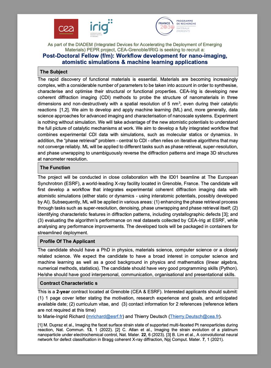 Marie-Ingrid Richard (@mringridrichard) on Twitter photo We are looking for a Postdoctoral fellow to help to advance 3D Bragg coherent diffraction imaging and machine learning at <a href="/cea_grenoble/">CEA Grenoble</a>: We are looking for a Postdoctoral fellow to help to advance 3D Bragg coherent diffraction imaging and machine learning at <a href="/cea_grenoble/">CEA Grenoble</a>: