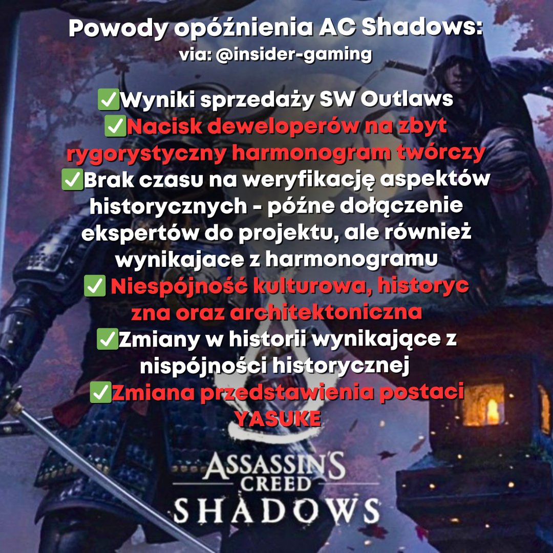 BolsonYT's tweet photo. 📝Prawdziwe powody opóźnienia AC SHADOWS  #assassinscreedshadows #ubsoft #AssassinsCreed 
via: @_Tom_Henderson_ @InsiderGamingIG https://t.co/kBqiDQHmTL