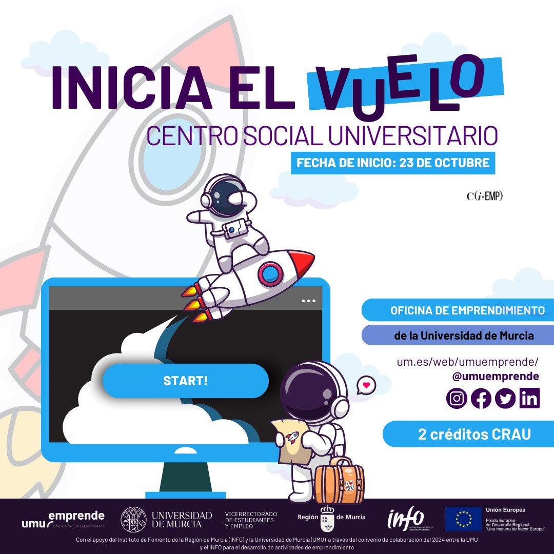 UMUEmprende's tweet photo. Vuelve el programa presencial ‘Inicia El Vuelo’✈️ para que des vida a esa idea emprendedora y se convierta en una iniciativa empresarial viable ✅

Además, si eres estudiante del @umu puedes obtener 2 créditos CRAU👀

Apúntate ya en nuestra web✌🏼 https://t.co/8z9FjKVMzm
