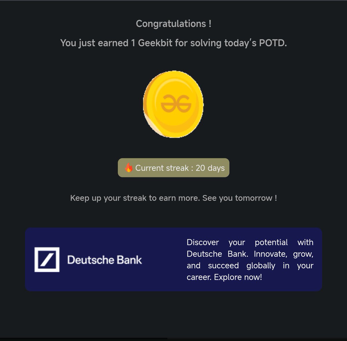 Pprratikk's tweet image. Day 20 of 21 days coding challenge
@geeksforgeeks
@DeutscheBank
#21DaysOfCoding #CodingChallengeg #LearnToCode #GeekForGeeks #ING #DeutscheBank #geekstreak2024
