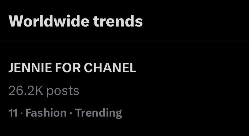 📝 241001 JENNIE FOR CHANEL is now trending WORLDWIDE at #11 (+1) #JENNIExCHANELSS25

LET’S ENTER TOP 10