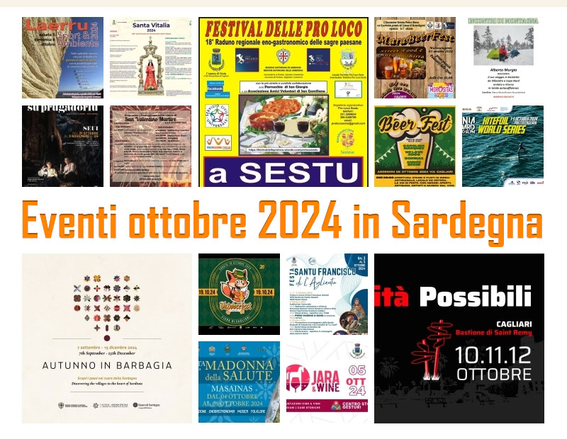 📅 Eventi del primo weekend di ottobre in Sardegna 🎉
Dal 4 al 6 ottobre un fine settimana ricco di eventi! 🎶 Dalle Cortes Apertas in Barbagia al Festival delle Pro Loco a Sestu, fino al Rally Terra Sarda in Gallura e all'European Jazz Expo a Cagliari 🌍

bit.ly/weekott1