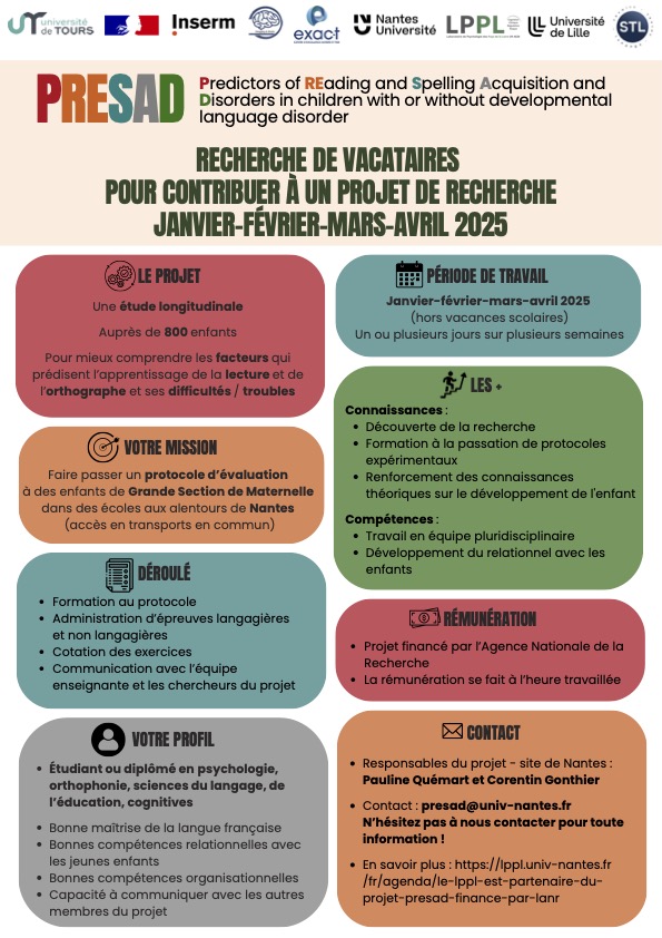 A la recherche d'expérimentateurs rémunérés pr évaluer le fonctionnement cognitif d'élèves de Grande Section à Nantes/alentours début 2025.
Une belle opportunité pour intégrer une équipe de recherche et acquérir de l'expérience sur le développement typique et atypique des enfants