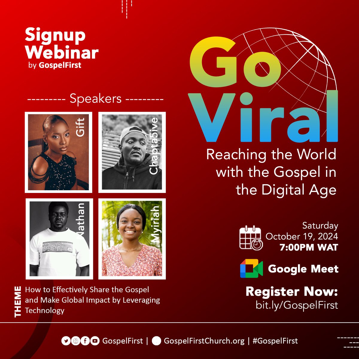 signupchurch's tweet image. Join us for an insightful conversation at the Signup Webinar!

Go Viral - Reaching the World with the Gospel in the Digital Age.

Details/Registration:

⏰ 7:00PM WAT 
🗓 Saturday, October 19, 2024
📍 Google Meet 
🔗 bit.ly/GospelFirst 

#SignupWebinar
#GospelFirst