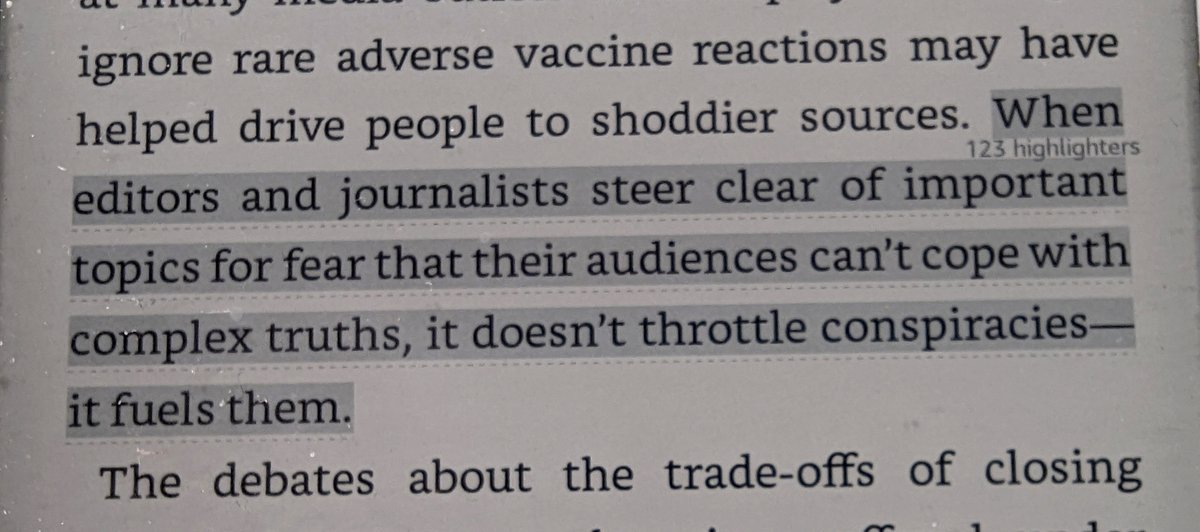incurablehippie's tweet photo. This, from Naomi Klein's "Doppelganger", is so important for responsible journalists to understand 

[When editors and journalists steer clear of important topics for fear that their audiences can't cope with complex truths, it doesn't throttle conspiracies- it fuels them.] https://t.co/gzro9nYLdA