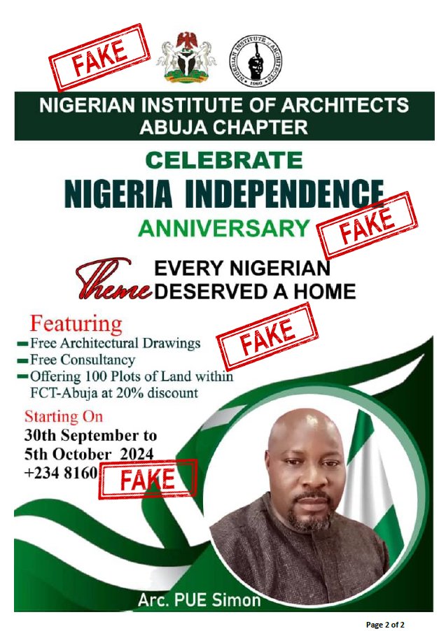 NIAABUJAChapter's tweet photo. 🚨 PUBLIC NOTICE 🚨
Our attention has been drawn to an advertorial falsely purporting to be from The Nigerian Institute of Architects Abuja Chapter (NIAABC)(see image).
2. This advertorial and the individual whose image, name and telephone number appear on it is not from 
1/10 https://t.co/KEt6W9Rnok