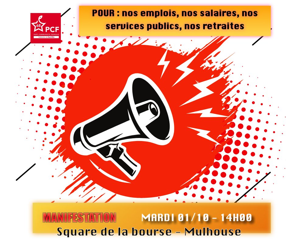 TOUS ENSEMBLE à la manifestation #Greve1erOctobre organisée par les syndicats. 
14H00 Square de la bourse à Mulhouse