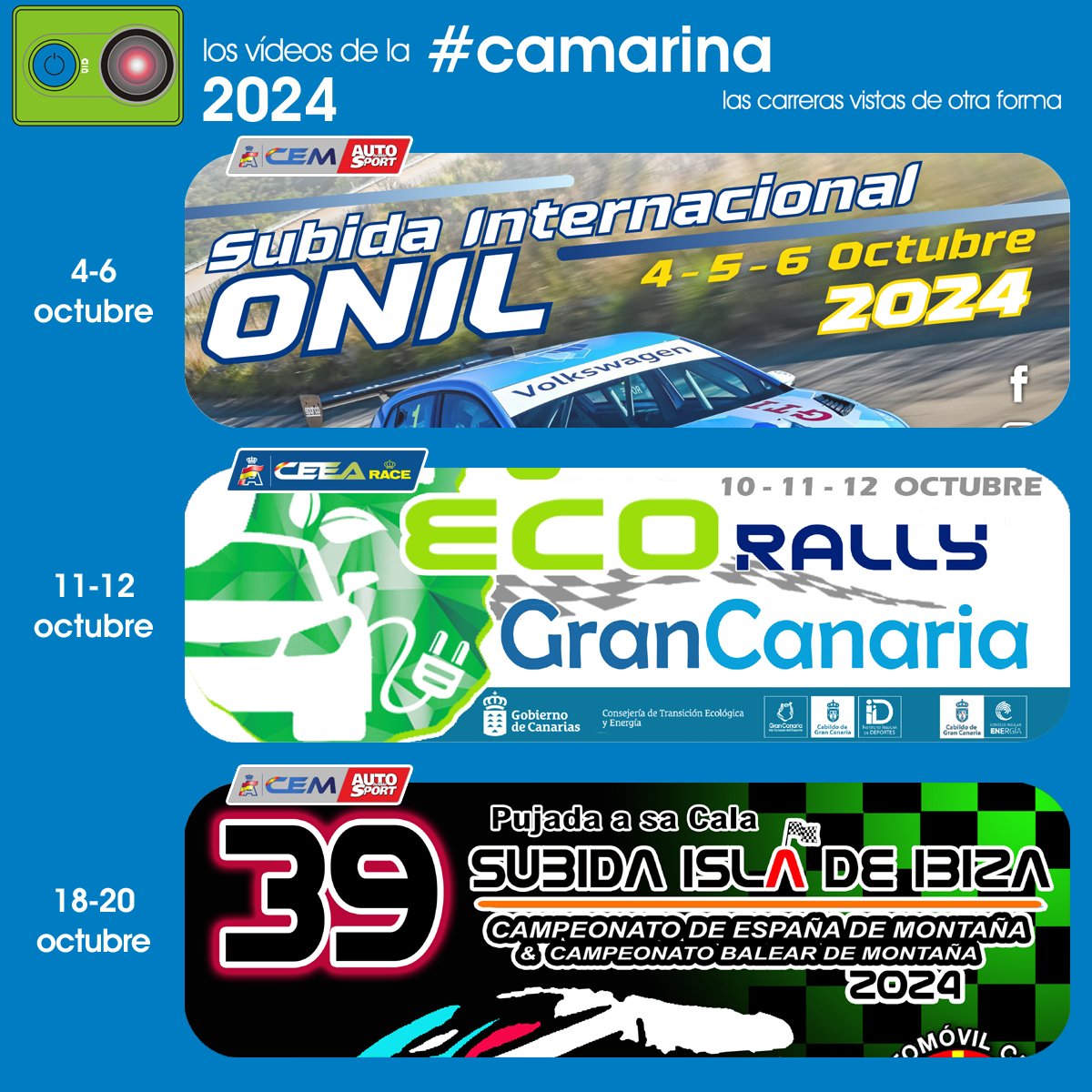 En octubre empieza el sprint fin al de nuestra temporada 2024 con <a href="/collado_miguel/">Miguel Collado</a>  y la #camarina. Serán tres fines de semana consecutivos con las Subida de Onil e Ibiza, pruebas finales del <a href="/CEM_RFEdA/">CEM</a>, y entre ambas la última cita del <a href="/CEEA_RFEdA/">CEEA_RFEDA</a> en el Ecorally Gran Canaria.