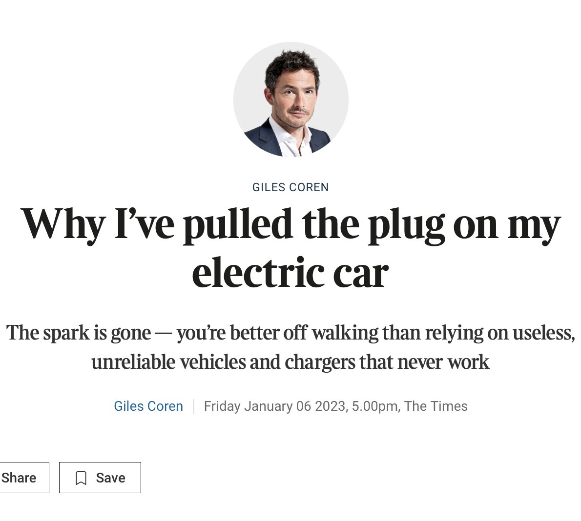 So...

Sep '24: Esther Walker pens article in <a href="/theipaper/">The i Paper</a> slamming her family's faulty EV

Jan '23: Giles Coren pens article in <a href="/thetimes/">The Times and The Sunday Times</a> slamming his family's faulty EV

The connection? Both articles are about the same Jaguar I-Pace

Why? Walker &amp; Coren are married