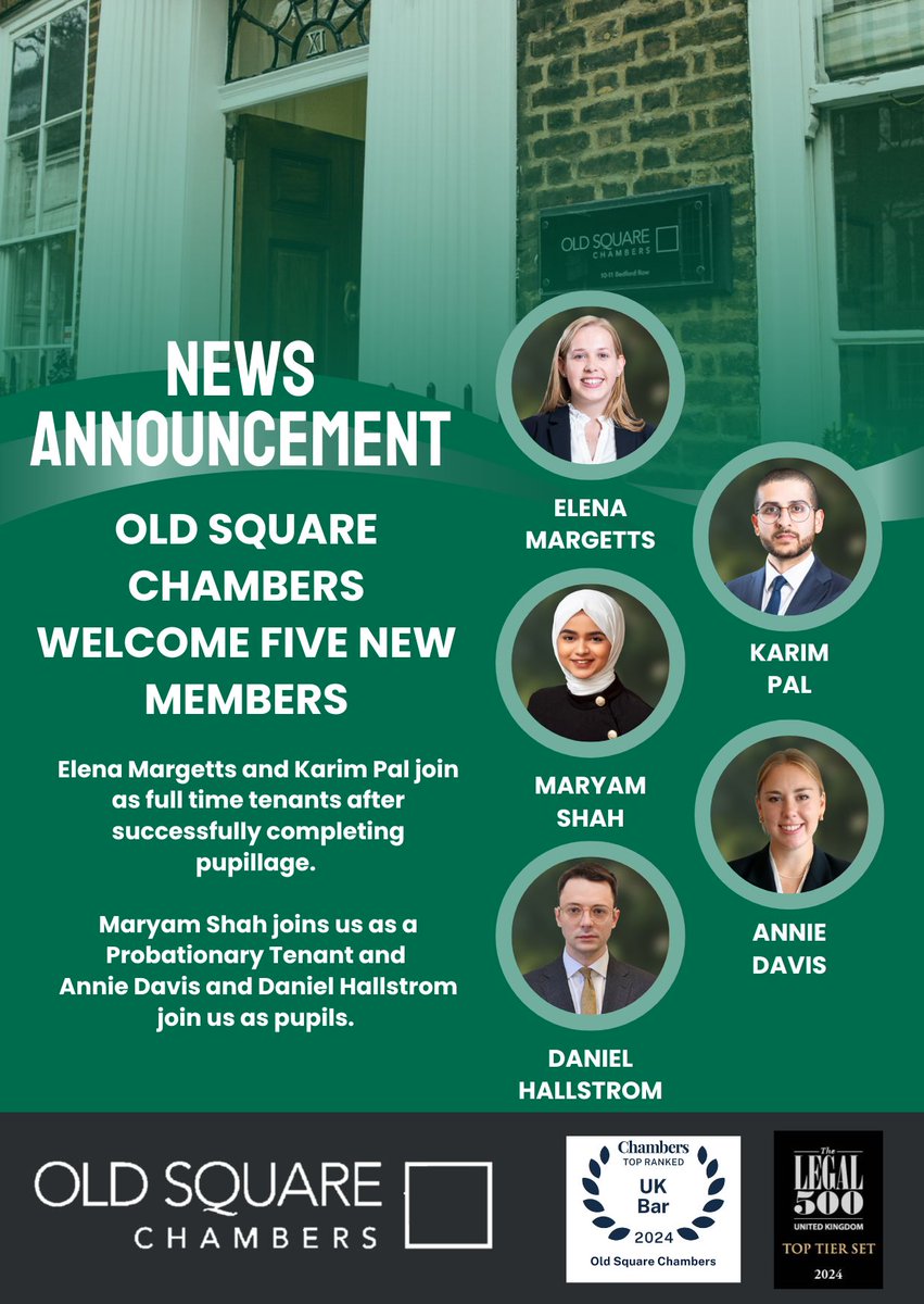 OldSqChambers's tweet image. 📢Old Square Chambers is delighted to welcome five new members. oldsquare.co.uk/old-square-cha…
#newtenants #probationarytenant #newpupils #welcome