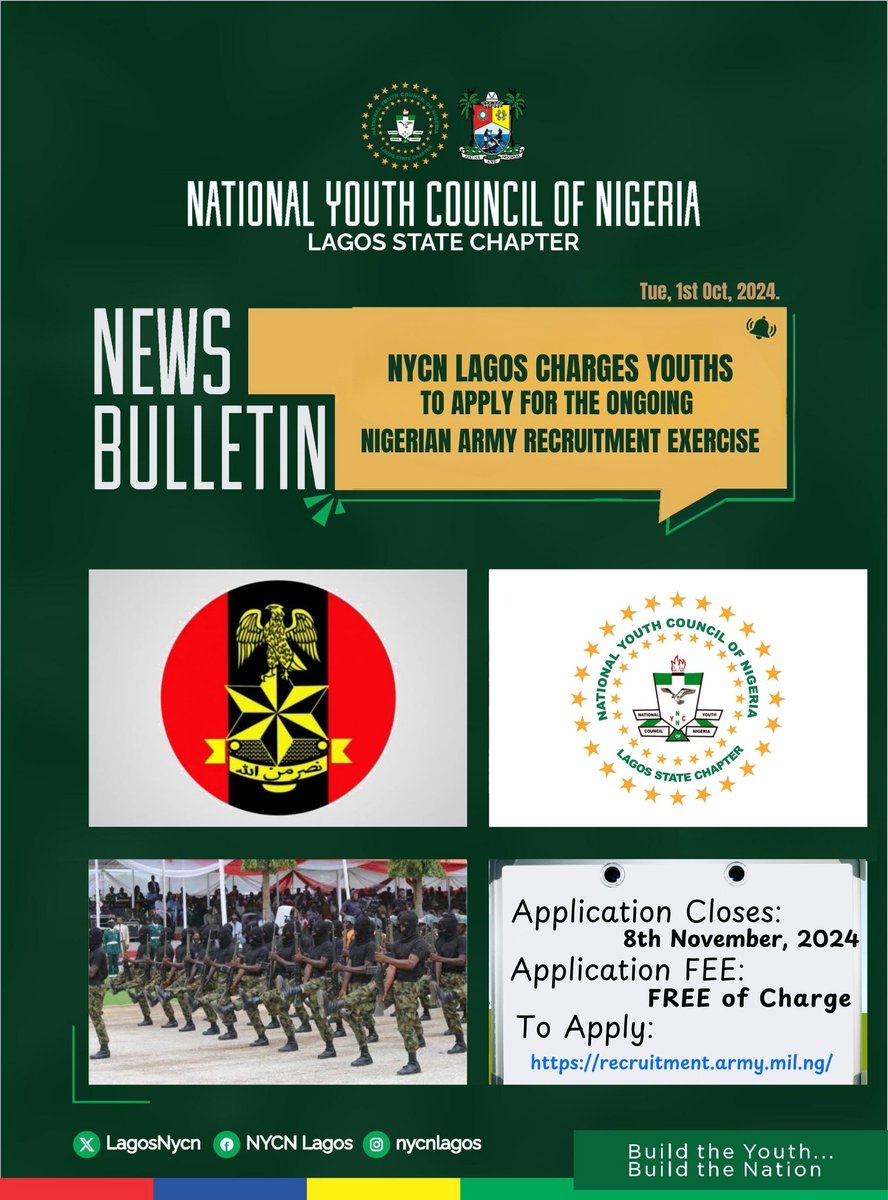 LagosNycn's tweet image. EMPLOYMENT ALERT!

NYCN LAGOS CHARGES YOUTHS TO APPLY FOR THE ONGOING NIGERIAN ARMY @HQNigerianArmy RECRUITMENT EXERCISE

The National Youth Council of Nigeria (NYCN), Lagos State Chapter, is pleased to inform our youths about an exciting employment opportunity into the