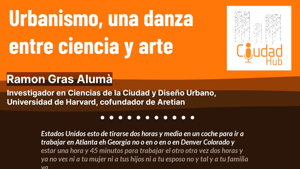 ¿Sabías cómo la forma de tu ciudad influye en tu calidad de vida? 
<a href="/RamonGrasAloma/">Ramon Gras Alomà</a>, co-fundador de <a href="/AretianUAD/">Aretian | Urban Analytics and Design</a>. Nos comparte sus reflexiones al respecto a partir de sus proyectos en diferentes ciudades del mundo. Apple: 
bit.ly/47NKz5A
Spotify 
bit.ly/3zPpCul
