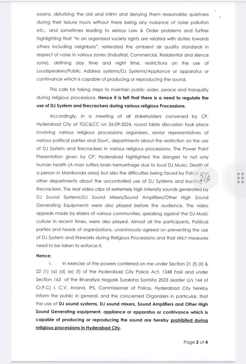 PintodeepakD's tweet image. DJs &amp;amp; Crackers banned during religious processions in Hyderabad city police limits. @CPHydCity CV Anand issued orders. Legal action will be taken against violators 
@hydcitypolice
#djsound #crackers #hyderabad