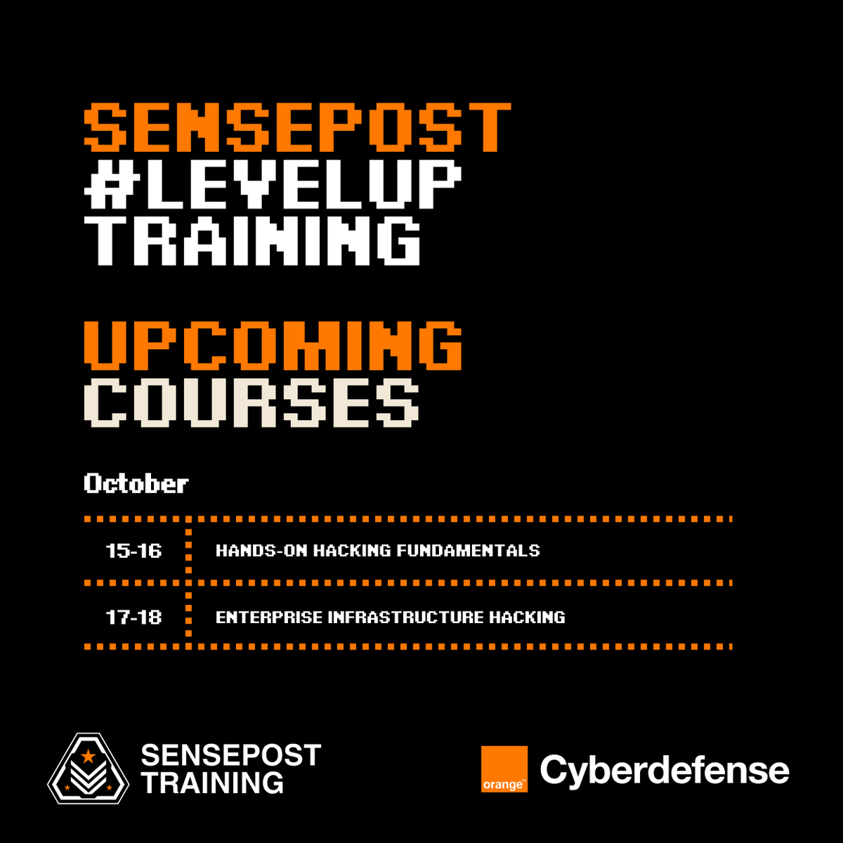 Level up your hacking skills with these courses coming up at SensePost's #LevelUp Training:

🔸 15-16 October: Hands-On Hacking Fundamentals

🔸 17-18 October: Enterprise Infrastructure Hacking

Enrol: ow.ly/FxNs50Tt2Sz 

#Sensepost #CyberSecurity #HackingCourse