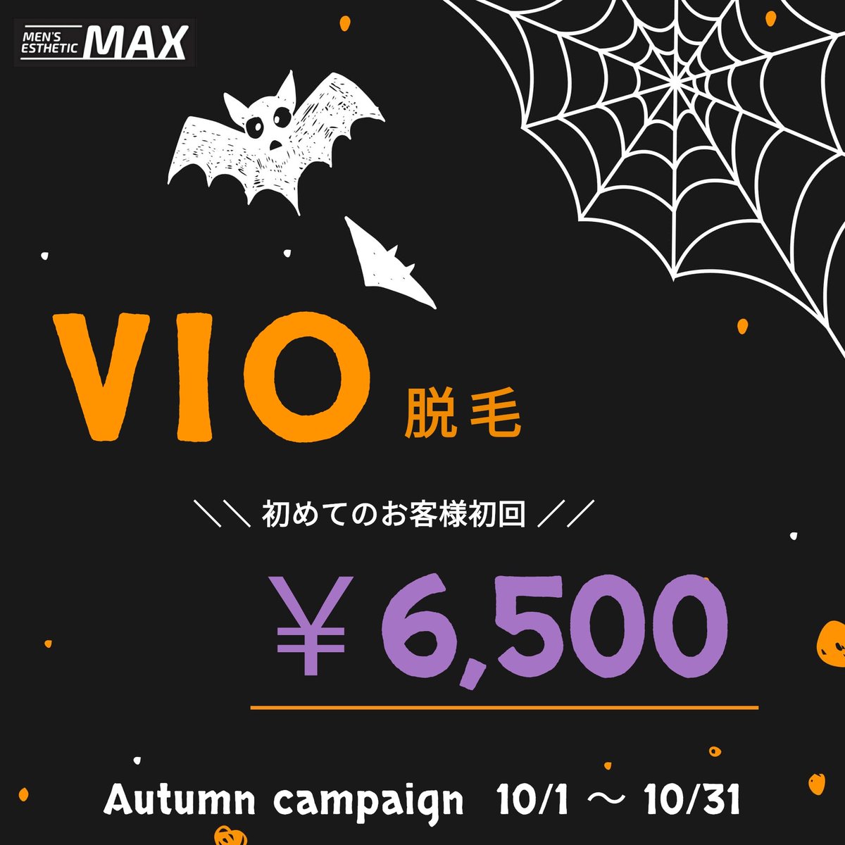 MaxUozu's tweet image. 📢 Autumn campaign🍄

🎃VIO脱毛キャンペーン開催中🎃
                 期間10/1〜10/31
🖤初めてのお客様👉️初回￥6,500🖤
🖤10回コース👉️￥150,000🖤

💁他部位脱毛でお通いのお客様も
　 VIO脱毛が初めての方は
　 対象となります◎

🍎Men&apos;s esthetic MAX 魚津店🍎
datsumou-max.com/uozu