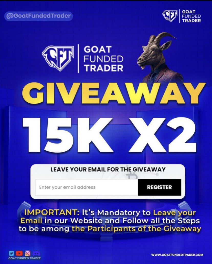 dadeen__'s tweet photo. 🔥🔥  GIVEAWAY ALERT 🔥🔥

EVALUATION ACCOUNTs! 🐐
2 X 15K 🎁
2 X 8K 🎁

Follow these steps:  

🔵Must Follow: @GoatFunded @EdwardXLreal @dadeen__

🔵Like &amp; Retweet 

🔵Also follow @trader_p_a_b_lo @mdxzn_

⏰: Winners will be announced in 5days

Good luck 🥂 https://t.co/yXEl5o3eNi