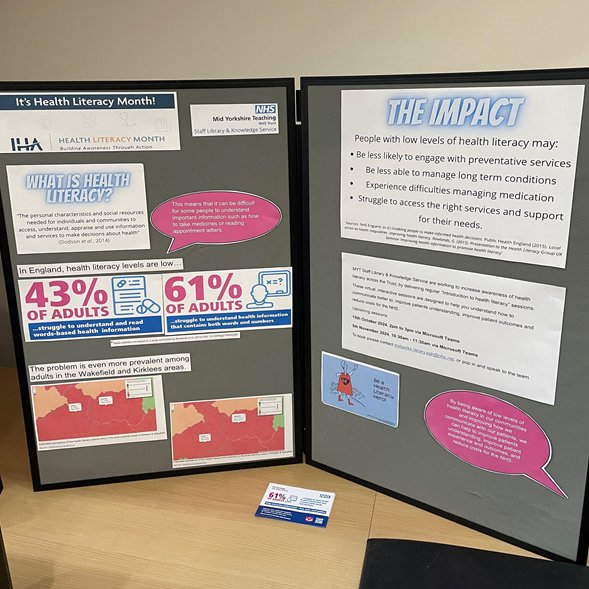 midyorkslibrary's tweet photo. October is #HealthLiteracyMonth. To mark the occasion, @midyorkslibrary have created a #HealthLiteracy display in the Trust HQ &amp; Education Centre foyer.  The display focuses on low #HealthLiteracy and its impacts, and includes dates for our next health literacy awareness sessions https://t.co/lJmWTupqvs