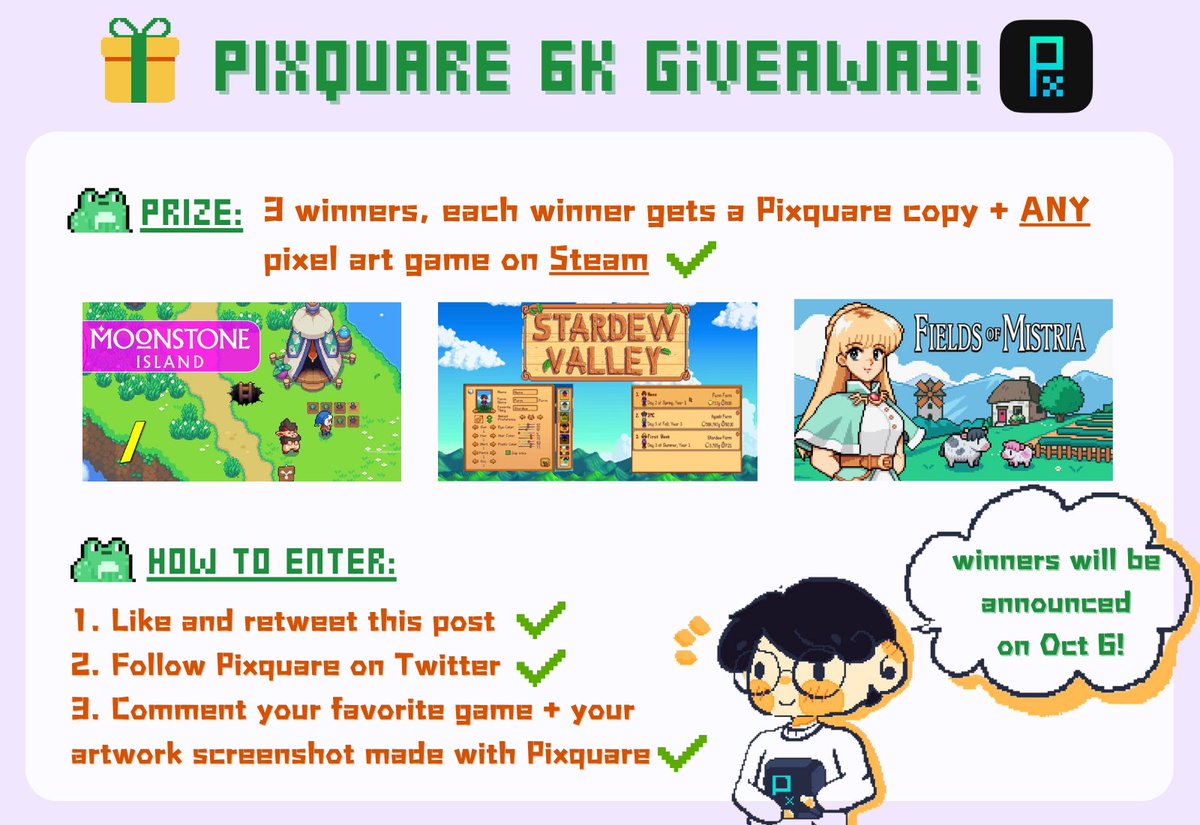 pixquare_app's tweet photo. 💕Pixquare Giveaway 💕 6K followers!  

Prize: 
✨3 winners, each gets ANY pixel art game on Steam!

How to enter:
✨like &amp; RTs
✨follow Pixquare
✨cmt the game you like + your artwork screenshot within Pixquare app! https://t.co/WJ01vlPHcX