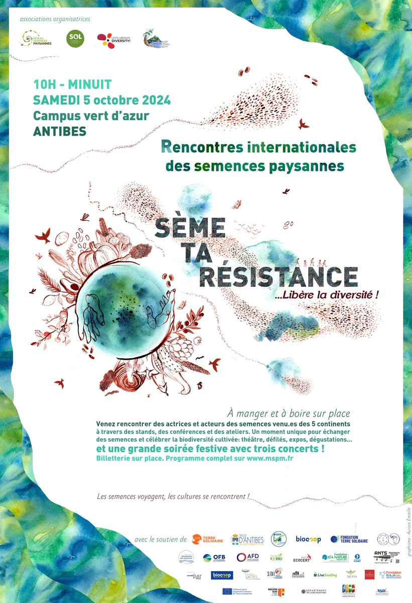 🟢 RDV aux Rencontres Internationales des Semences Paysannes pour en savoir plus sur l'importance des semences paysannes pour notre alimentation aux, le 5 octobre à Antibes !

Plus d'infos ici 👇

bit.ly/4dT3he9

#RISP2024 #SèmetaRésistance

<a href="/SOL_association/">SOL</a>