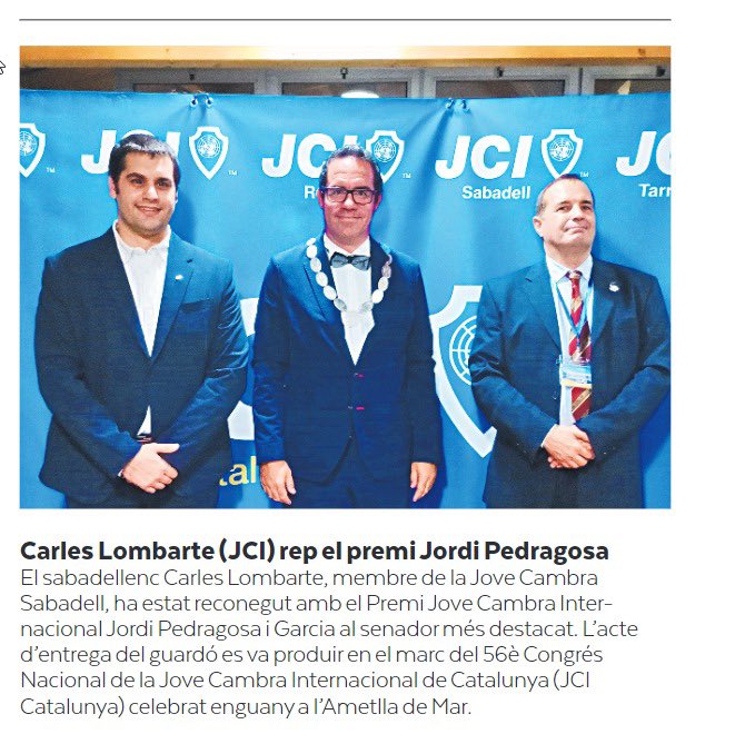 El sabadellenc <a href="/lombarte84/">Carles Lombarte</a>, ha estat reconegut amb el Premi Jove Cambra Internacional “Jordi Pedragrosa i Garcia” al senador més destacat. L’acte d’entrega del guardó es va produir en el marc del 56è Congrés Nacional de la <a href="/JCICatalonia/">JCI Catalunya</a> 

Via <a href="/DiariDeSabadell/">Diari de Sabadell</a>