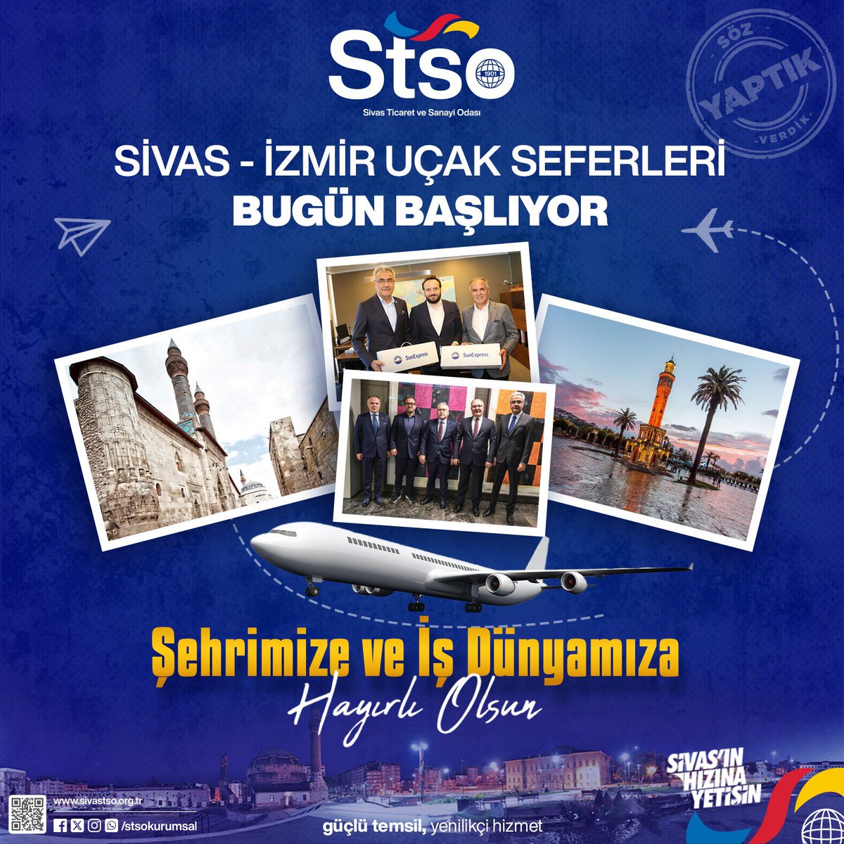 *SİVAS-İZMİR UÇAK SEFERLERİ BUGÜN BAŞLIYOR*

Sivas’ın ulaşım altyapısının iyileştirilmesi ve çeşitlendirilmesi açısından önemli bir adımı daha geride bıraktık. Şehrimize ve İş Dünyamıza Hayırlı Olsun!