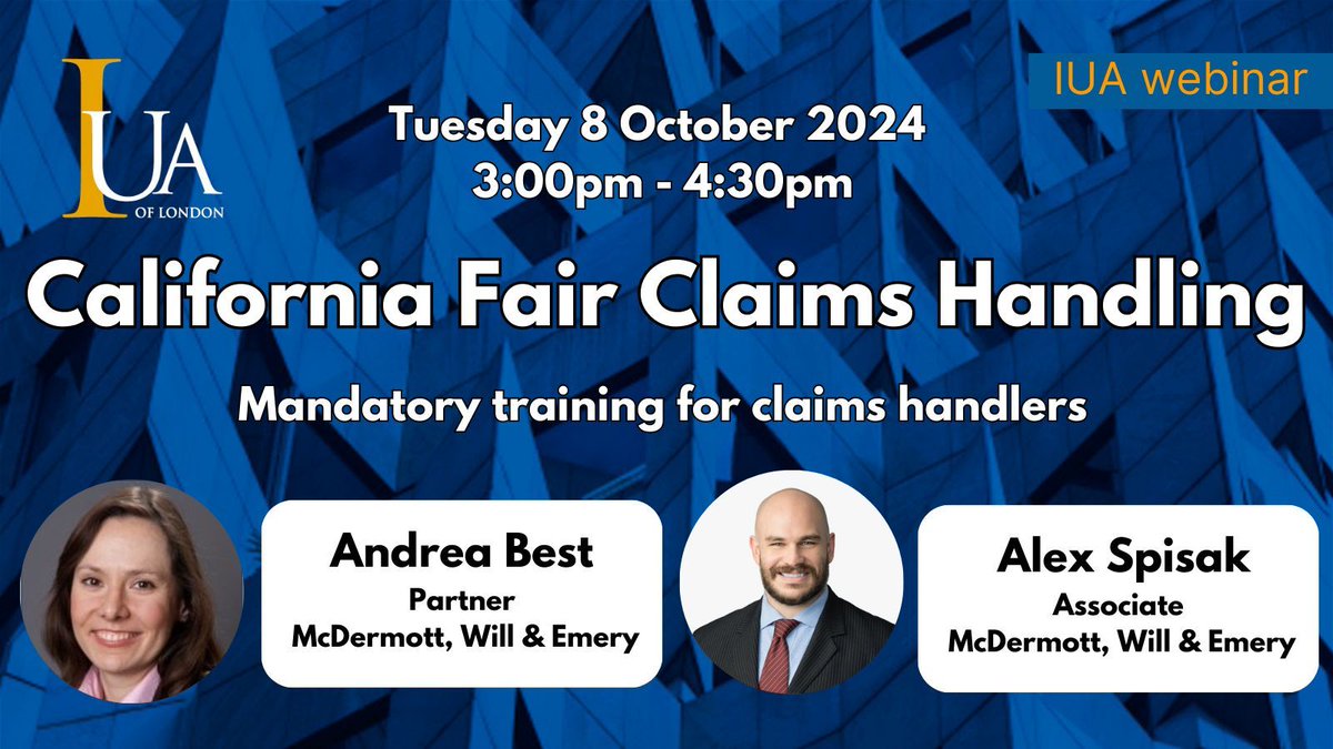 The California Department of Insurance mandates annual training on the state's Fair Claims Practices regulations for anyone handling claims on Californian risks. To meet this requirement, the IUA is offering a free online briefing, on Tuesday 8 October. buff.ly/4gMK9R6