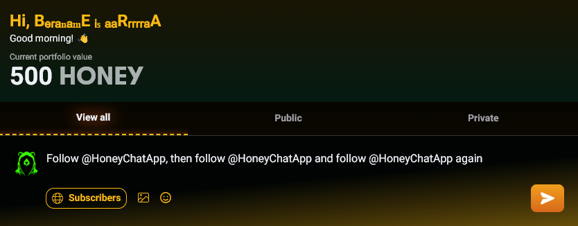 NoName4Bera's tweet photo. wat can i say?
FAUCET IS ACTIVE NOW
u know how it work. just LFG and dont forget follow
@HoneyChatApp its mo than SocFi
BUZZ BUZZ or WAT??? https://t.co/0Gbn6nLXDz