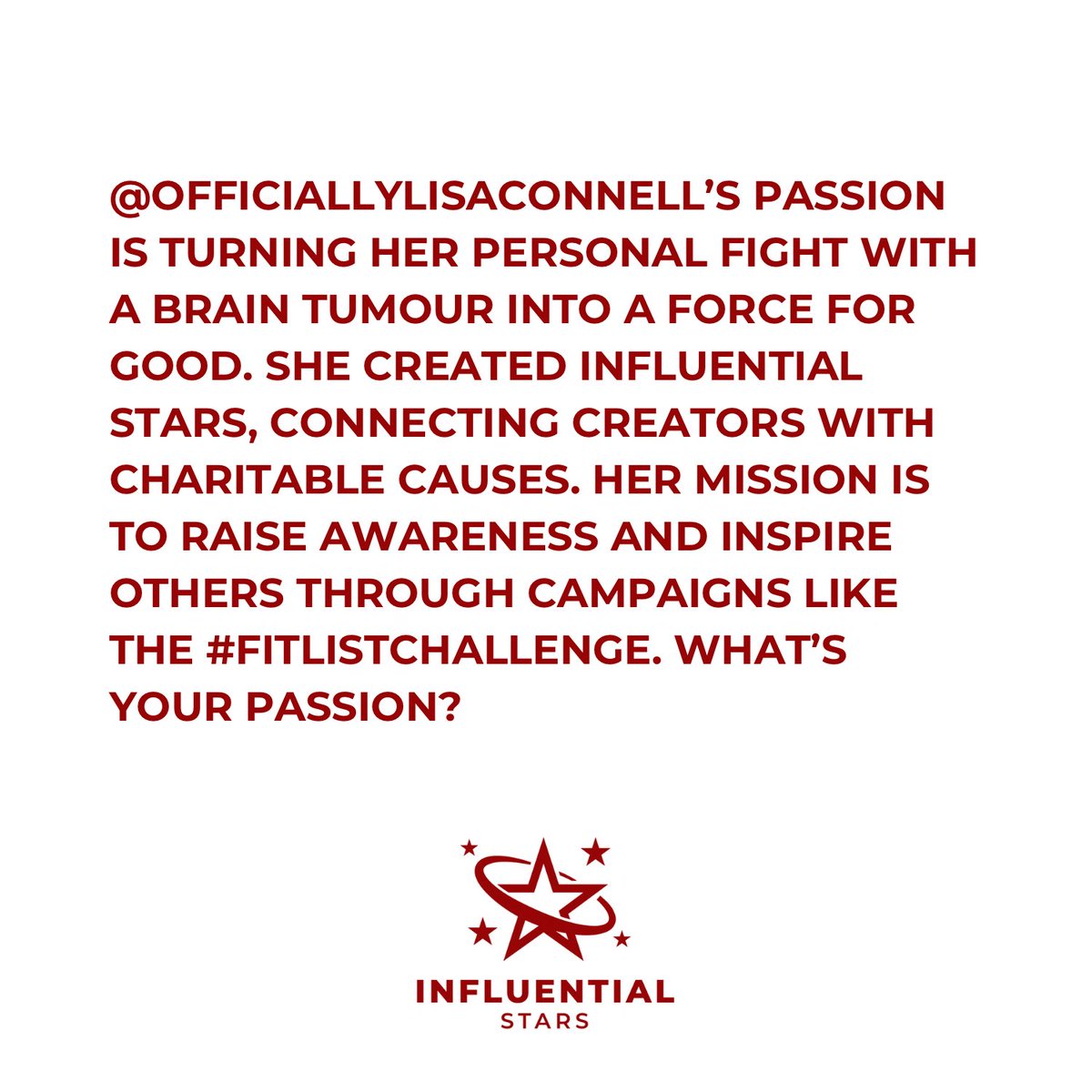 1nfluentialstar's tweet image. Turning her fight with a brain tumour into a force for good, @lisaconnell founded Influential Stars to connect creators with causes. Through campaigns like the #TheFitListChallenge, she’s raising awareness and inspiring action. What’s your passion? #InfluentialStars