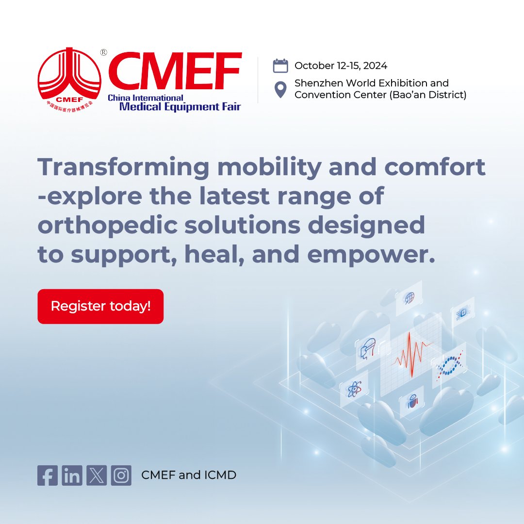 cmefandicmd's tweet image. Experience revolutionary orthopedics products and solutions at the biggest #medicalequipment fair in China

Register here: tinyurl.com/3fjeke83

📅 October 12-15, 2024
📍 Shenzhen, China

#CMEF2024 #CMEF #90CMEF #medical #healthcare #innovation #medicaldevice #tradeshow #china