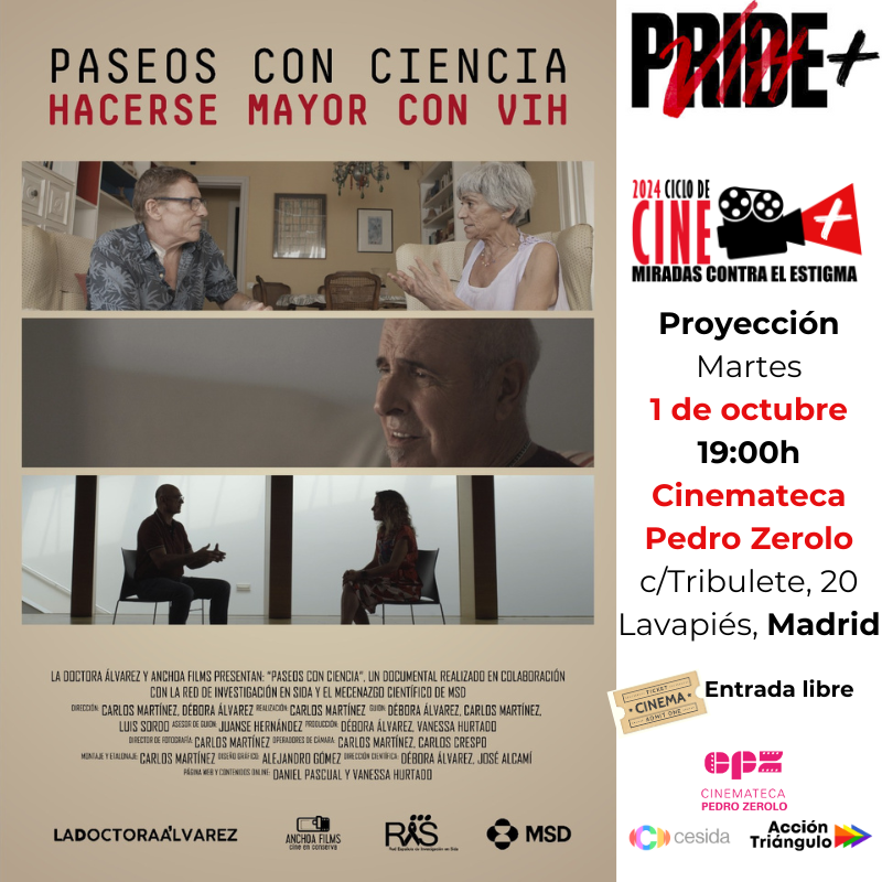 ¡Esta tarde proyectamos "Paseos con ciencia: Hacerse mayor con VIH" en <a href="/cinematecapz/">Cinemateca Pedro Zerolo</a> como parte de Pride Positivo!

📅 Martes 1 de octubre
🕖 19:00h
🎬 Con la presencia de los directores Carlos Martínez y <a href="/doctora_alvarez/">Débora Álvarez</a>.

¡No te lo pierdas! 🔗 Inscríbete aquí: