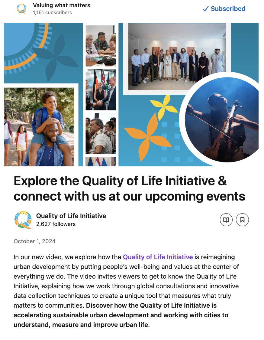 ✨ How is the Quality of Life Initiative reimagining urban #development? 🌆 Watch our new video to find out! 🎥 acortar.link/6Jm18C

From measuring quality of life in #Punaauia (🇵🇫 #FrenchPolynesia) to showcasing innovation at our Riyadh roundtable 🌍, the 4th issue of our