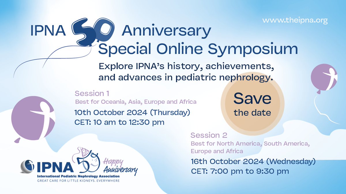 ESPN (@espnsociety) on Twitter photo Join us for <a href="/IPNA_PedNeph/">IPNA Ped Nephrology</a> 50th Anniversary Online Symposium as we celebrate five decades of progress in pediatric nephrology! 🌍👩⚕️👨⚕️
📅 Session 1 - 10th October 2024
🕙 10:00 am CET
📅 Session 2 - 16th October 2024
🕖 7:00 pm CET
🔗 More details at theipna.org Join us for <a href="/IPNA_PedNeph/">IPNA Ped Nephrology</a> 50th Anniversary Online Symposium as we celebrate five decades of progress in pediatric nephrology! 🌍👩⚕️👨⚕️
📅 Session 1 - 10th October 2024
🕙 10:00 am CET
📅 Session 2 - 16th October 2024
🕖 7:00 pm CET
🔗 More details at theipna.org