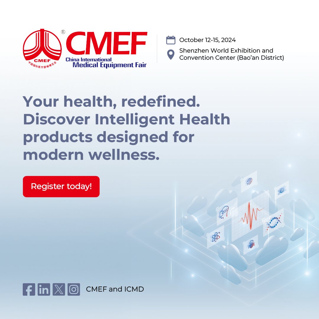 cmefandicmd's tweet image. Step into the future of #healthcare with Intelligent Health solutions at #CMEF2024. Discover how #medical devices are transforming patient care. 

Register here: tinyurl.com/3fjeke83

📅 October 12-15, 2024
📍 Shenzhen, China

#CMEF #90CMEF #tradeshow #china