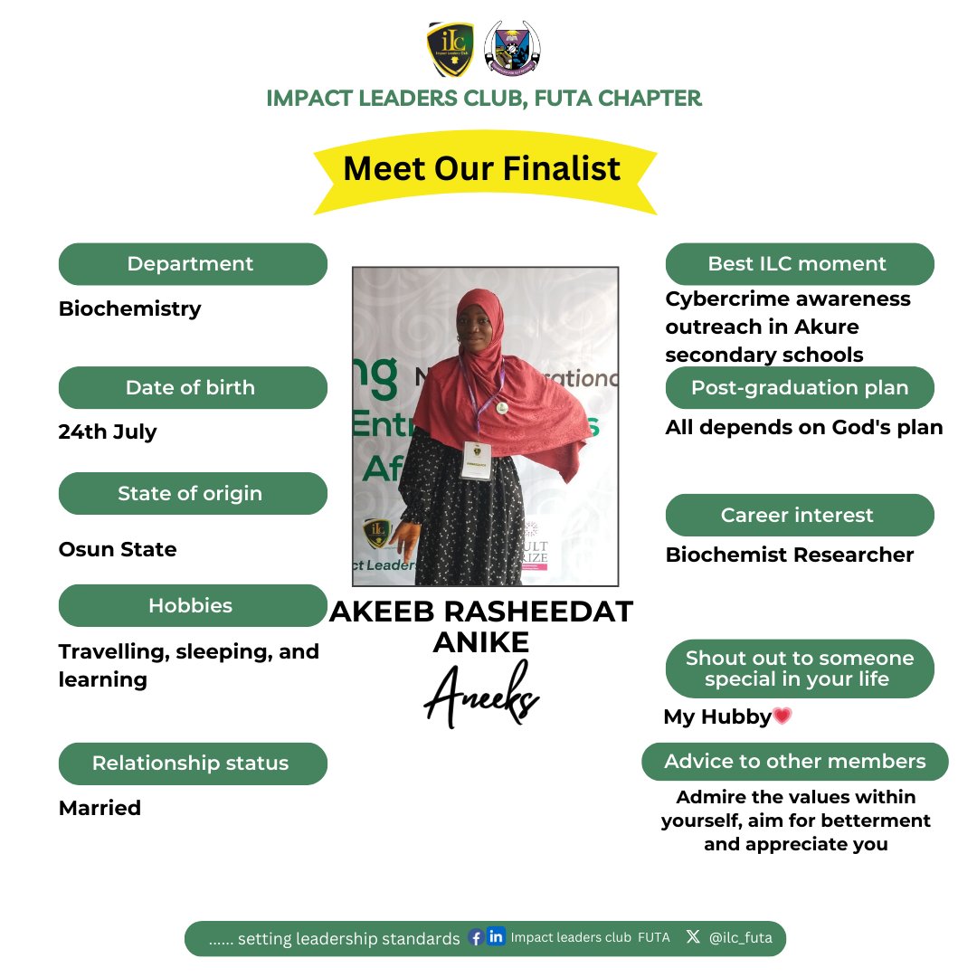 IlcFuta's tweet photo. Meet Amb. Rasheedat, our FYB of the day. One of our dedicated members from the department of Biochemistry  We believe strongly that you will be great Rasheedat. ILC FUTA is very grateful to have you spending your undergraduate time with us.
Cheers 🥂 Ambassador. https://t.co/8Wzfiyq9mO