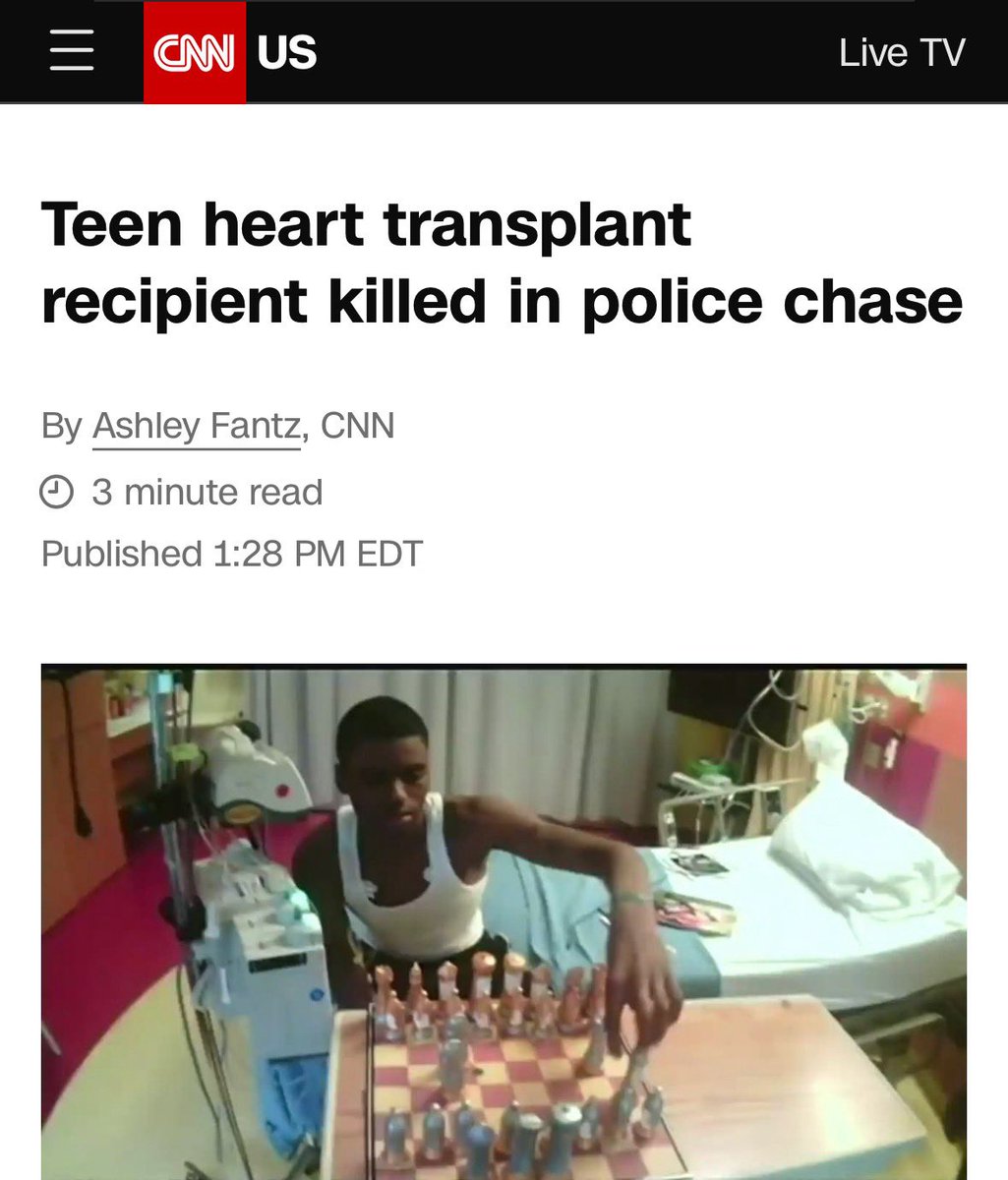 Just two years after his heart transplant, he carjacked someone, robbed a house, shot at an old woman, and finally got into a high speed police chase that killed him.

But of course CNN used a picture of him playing chess.