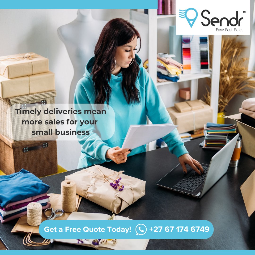 Sendrsa's tweet image. Late deliveries can mean lost sales for small businesses. 

Sendr offers timely delivery solutions that help you meet customer expectations and grow your business. 🚀📦

Contact us on WhatsApp for a free quote!
📞 +27 67 174 6749

#EasyFastSafe #OnTimeEveryTime #SmallBusinessSA