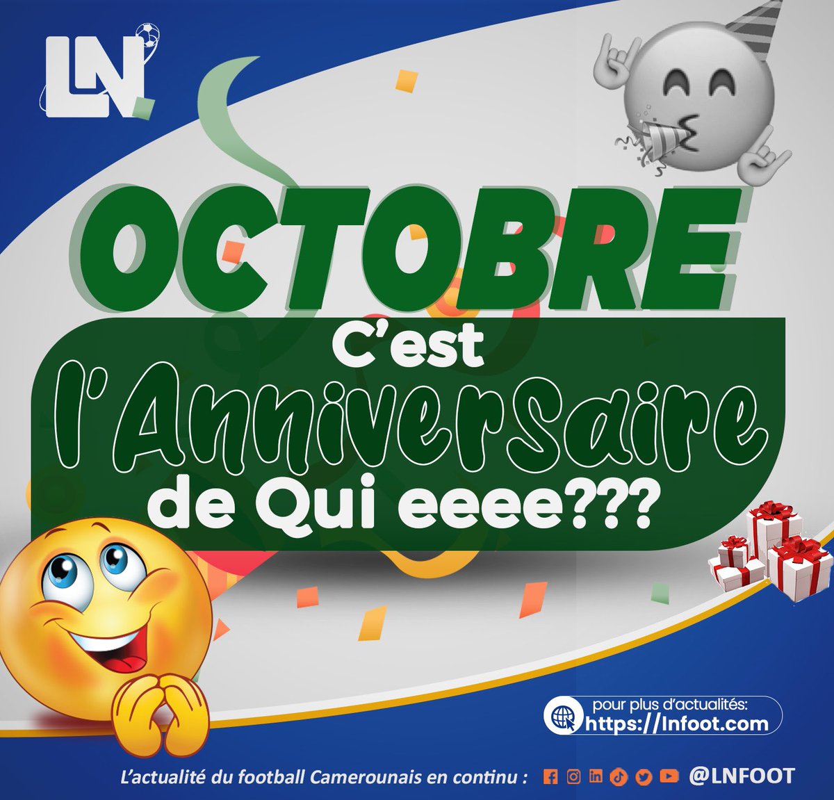 LnFoot's tweet photo. ๐๐ LN Birthday ๐ Mets ta date d'anniversaire en commentaire et l'equipe d'LN Foot se chargera de te cรฉlรฉbrer comme il se doit sur ses plateformes digitales ๐จ๐๐๐๐
#Lnfoot #New_Month https://t.co/bwZWL5EKmV