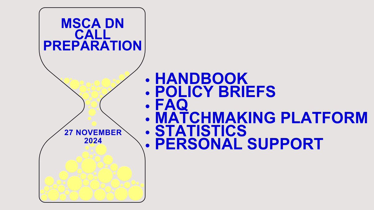 *MSCA Doctoral Network Support*
😰Sweating over an #MSCA #DN? Our resources may help! 
📕Handbook 
📊Statistics 
🤝Partner search platform 
⁉️   FAQ 
📰Policy Briefs 
👥Personal support of your #NCP 
👉All this and more here: 
msca-net.eu/scientific-com… 
@MSCActions@REA_research