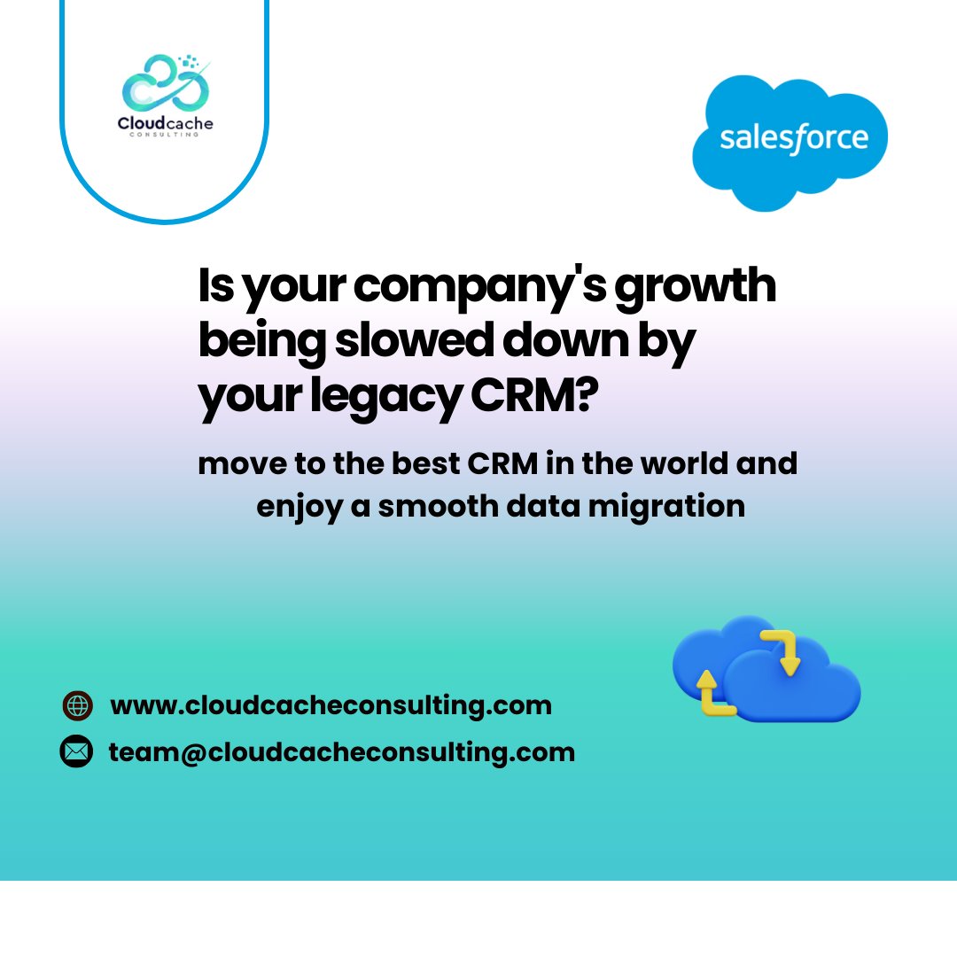 Cloudcachecon's tweet image. Is your company&apos;s growth slowed by an outdated CRM? Switch to Salesforce and experience seamless data migration with #CloudCache Consulting. Let us help you stay ahead.
#salesforce #salesforcecrestpartner #salesforcecrm #customsolutions #CloudCache #CloudCacheConsulting