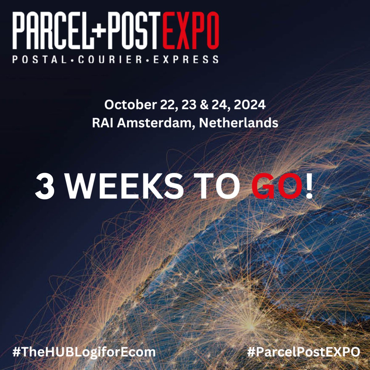In just 3 weeks’ time #ParcelPostEXPO will open its doors – in Amsterdam!📍 

📌Taking place October 22, 23 &amp; 24, 2024 – join us at the biggest parcel industry event!

🚀Get your FREE FastTrack entry pass: bit.ly/3k1ADgh 

#TheHUBLogiforEcom #ParcelPostEXPO