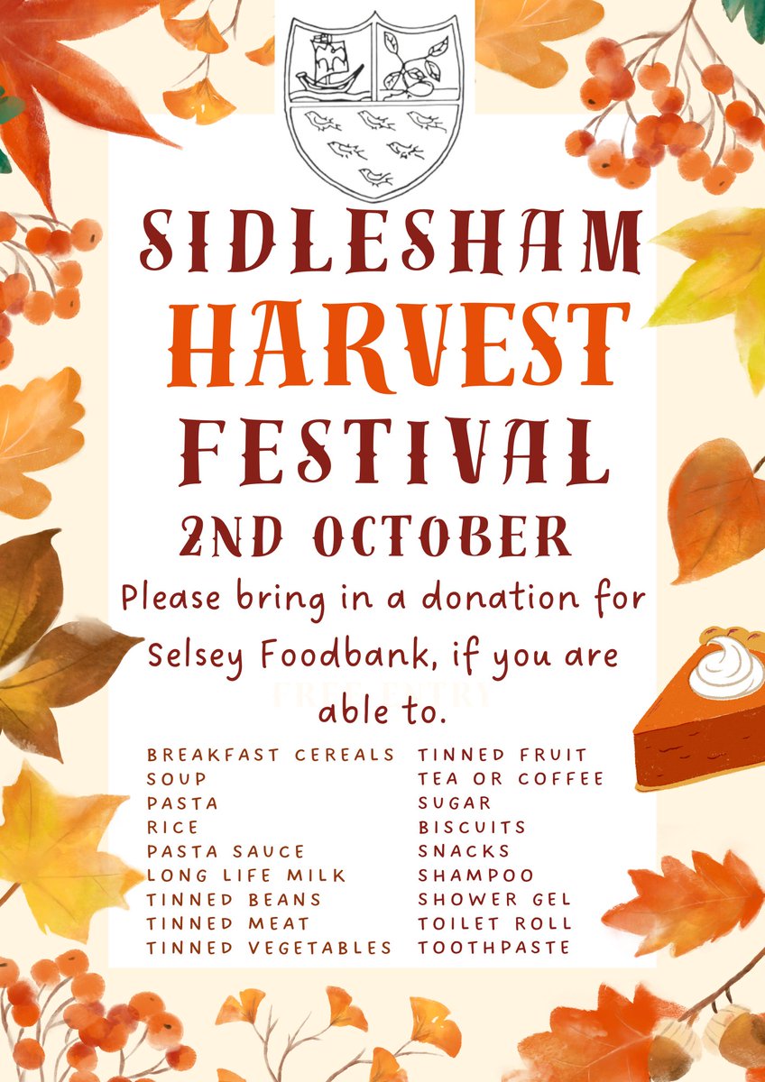 we are celebrating our annual Harvest Festival tomorrow. If you are able to, please bring in donations for the Selsey Foodbank.