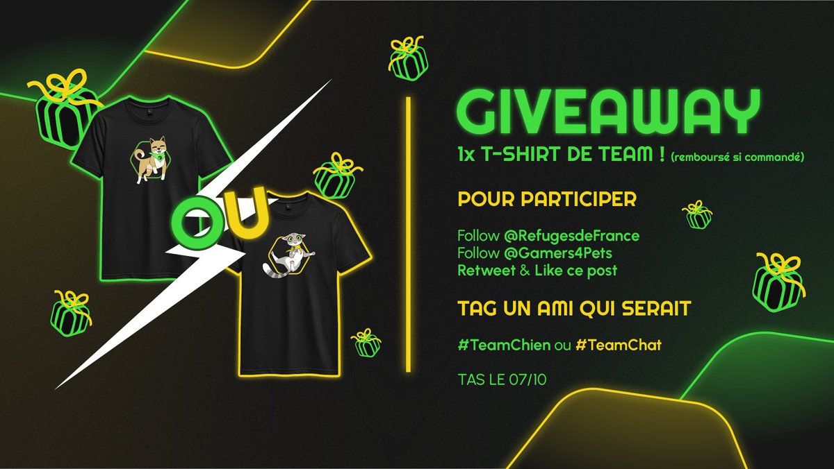 Gamers 4 Pets (@gamers4pets) on Twitter photo Pour célébrer le Start de Gamers4pets :
GIVEAWAY T-SHIRT DE TEAM !✨
Pour participer d’ici le TAS le 07/10, vous devez :
-Suivre <a href="/RefugesdeFrance/">Défense de l'Animal</a> et @Gamers4Pets ! 🐾
-RT 🔥 & Like ❤️ ce post !
-TAG un ami de la #TeamChien 🐶 ou #TeamChat 🐱 ! Pour célébrer le Start de Gamers4pets :
GIVEAWAY T-SHIRT DE TEAM !✨
Pour participer d’ici le TAS le 07/10, vous devez :
-Suivre <a href="/RefugesdeFrance/">Défense de l'Animal</a> et @Gamers4Pets ! 🐾
-RT 🔥 & Like ❤️ ce post !
-TAG un ami de la #TeamChien 🐶 ou #TeamChat 🐱 !