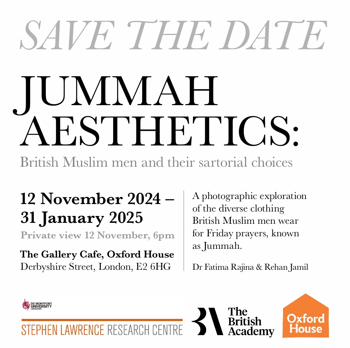 Fatima Rajina (@drfrajina) on Twitter photo 📣SAVE THE DATE📣
Jummah Aesthetics: British Muslim men and their sartorial choices!
Very excited to announce that the exhibition I have been working on w/ <a href="/rehanwjamil/">Rehan Jamil</a> funded by the <a href="/BritishAcademy_/">The British Academy</a> will be launching on the 12th of Nov in Oxford House in Bethnal Green. 📣SAVE THE DATE📣
Jummah Aesthetics: British Muslim men and their sartorial choices!
Very excited to announce that the exhibition I have been working on w/ <a href="/rehanwjamil/">Rehan Jamil</a> funded by the <a href="/BritishAcademy_/">The British Academy</a> will be launching on the 12th of Nov in Oxford House in Bethnal Green.