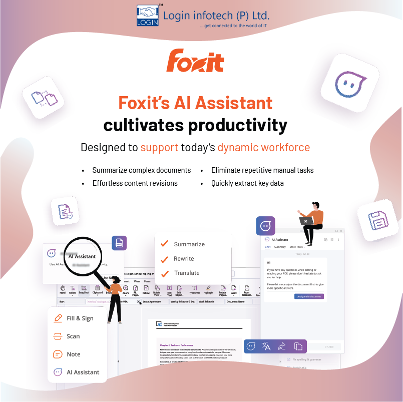 login2it's tweet photo. Foxit AI Assistant integrated with Azure OpenAI, which is an innovative solution that helps users understand and interact with documents more effectively. Foxit AI assistant offers a range of functions that enhance productivity and streamline document comprehension. https://t.co/bZDJkUHRgC